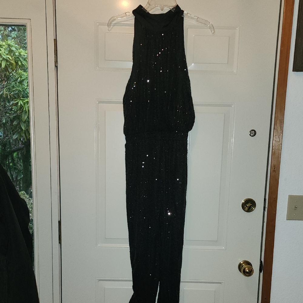 Take Me There By Mustard Seed Black Sequin Halter Jumpsuit Lined
